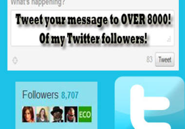 tweet your product, service or any message twice to OVER 8500 of my twitter followers big1