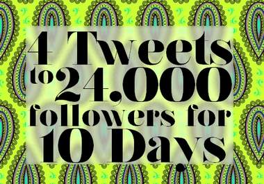 a 10 day Twitter campaign where I tweet your messages 40 times in 10 days to 24,000 followers big1