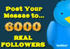 post your message to my 6000 REAL followers twice per day for 3 days total giving your 6 total twitter tweets or twitter posts for traffic