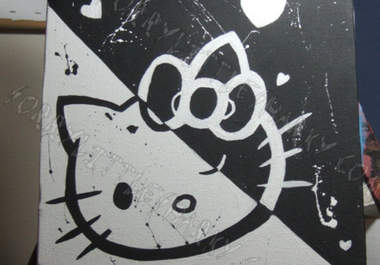 create a black and white hello kitty painting big1